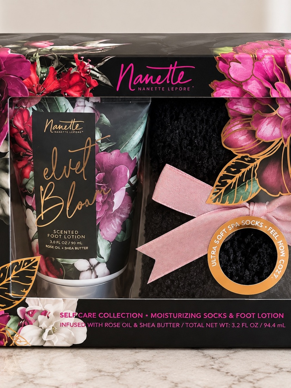Nanette Lepore Velvet Bloom Foot Lotion & Spa Socks - Black, Pink, Gold